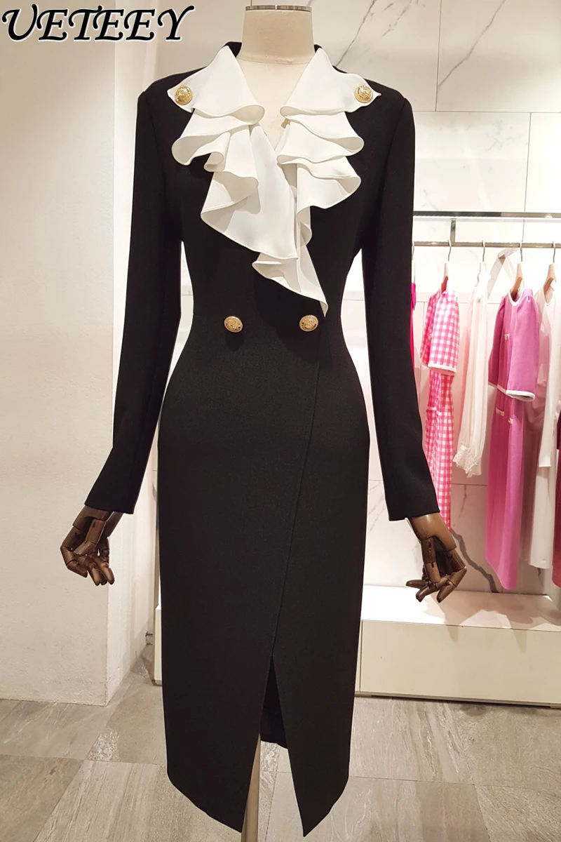 

Fashionable High-Grade Ruffled Collar Slim-Fit Slimming Dress 2023 Spring and Autumn New Temperament Split Formal Dress