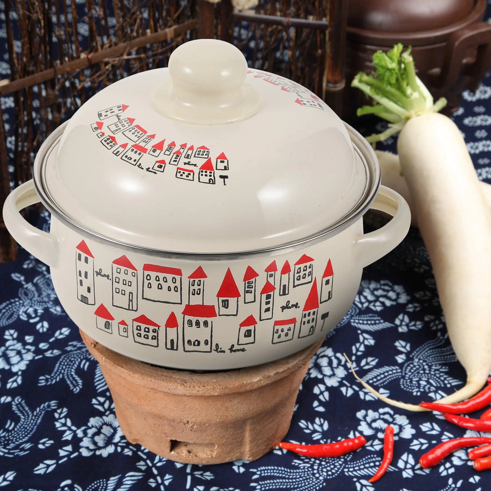 

Enamel Stockpot Simmer Pot Cute Deep Enamelware Cooking Pot Stew Pot Soup Casserole Pasta Milk Sauce Pot Enameled Cookware Lid