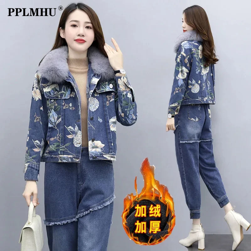 Winter Warm Thicken Casual Print Denim Suit Women Korean Plus Velvet Crop Jean Jacket + Harem Pant Ensemble Femme 2 Piece Set