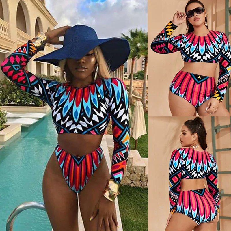 

Plus Size Swimsuit Woman 2021 New Stereotype Design And Color Takes Sleeve Tall Waist Sexy EurAmerican Vogue Is Hot Sell Split