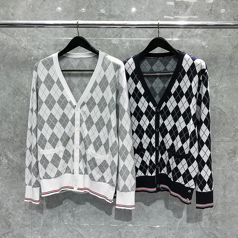 TB THOM Sweater Male Casual Harajuku Diamond V-neck Cardigans Men's Sweaters 2022 Winter Korean Fashion Brand Brand Coats