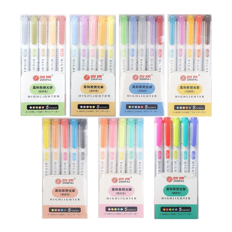 

5 Colors/box Double Headed Highlighter Pen Set Fluorescent Markers Highlighters Pens Art Marker Japanese Cute Kawaii Stationery