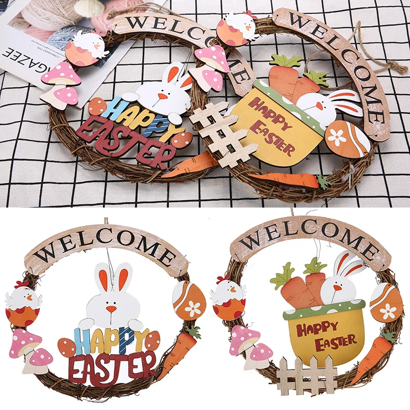 

1 Set Wooden Happy Easter Door Hanging Pendant Sign Bunny Wreath Garland Decor Crafts for Weddings Parties Front Door Home