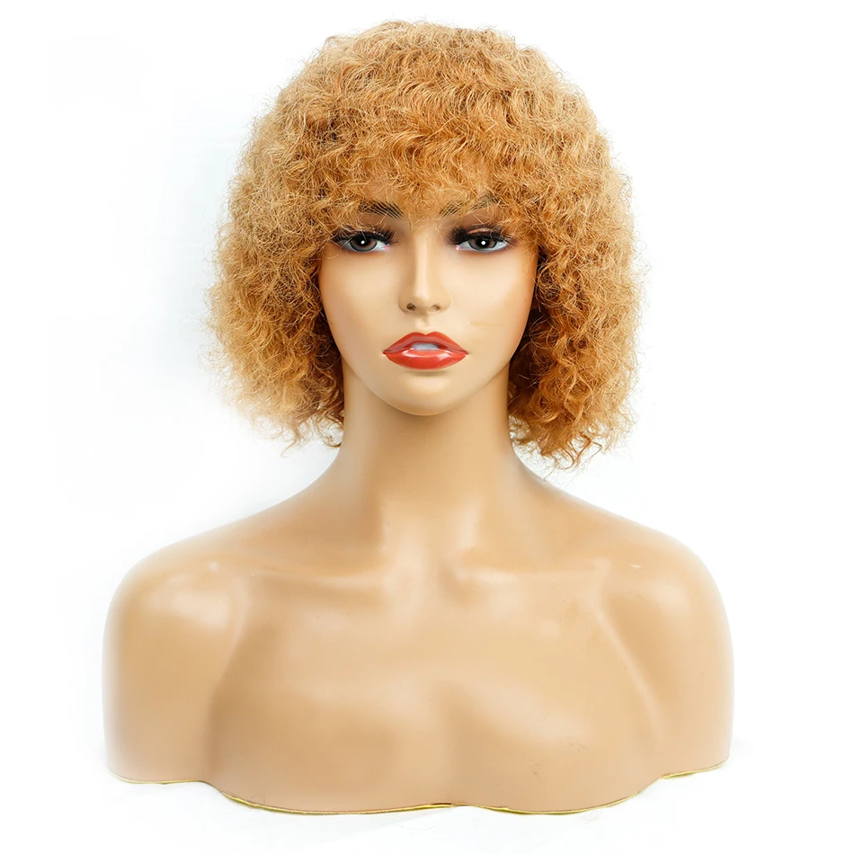 

Honey Blonde Invisible 30 27 Purple Color Pixie Short Bouncy Jerry Curly Bob Cut Full Machine Made None Lace Wig With Bangs Remy