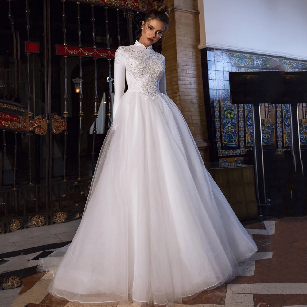 

Мусульманское свадебное платье Yipeisha с блестками и высокой горловиной, ТРАПЕЦИЕВИДНОЕ свадебное платье со шлейфом, свадебное платье