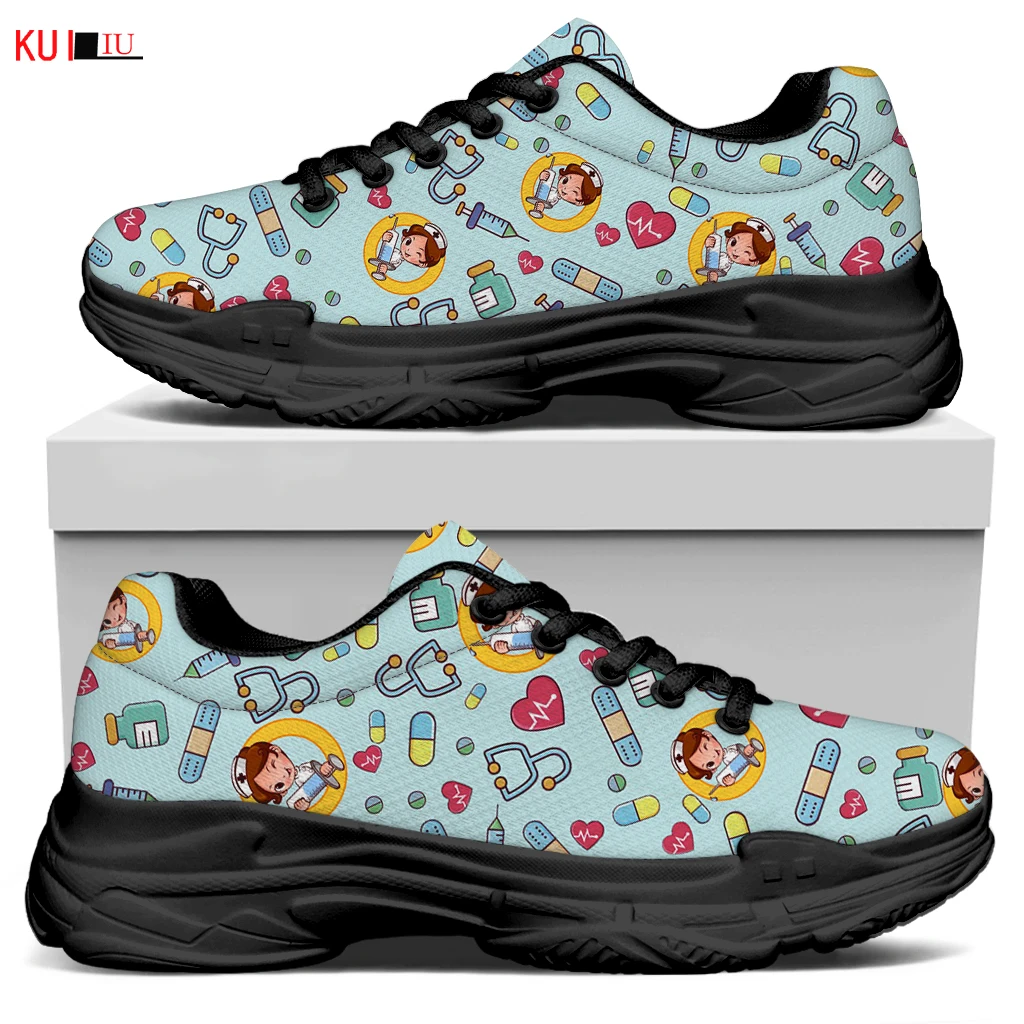 

KUILIU Cute Nurse Cartoon Print Women Platform Sneaker Increasing Flat Track Trainers Paris Fashion Brand Designer Sport Shoes
