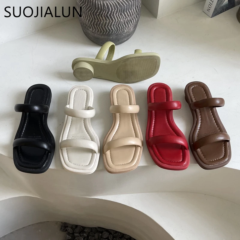 

SUOJIALUN Summer Narrow Band Ladies Slipper Fashion Round Low Heel Women Sandal Casual Outdoor Beach Slides Slip On Flip Flip 40