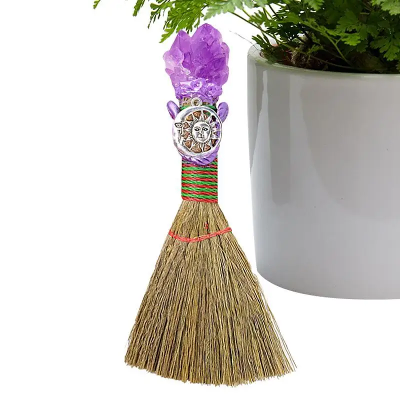 

Mini Broom Crystal Natural Straw Brooms Hanging Decorations For Halloween Party Costume Witch Broom Dollhouse Accessories