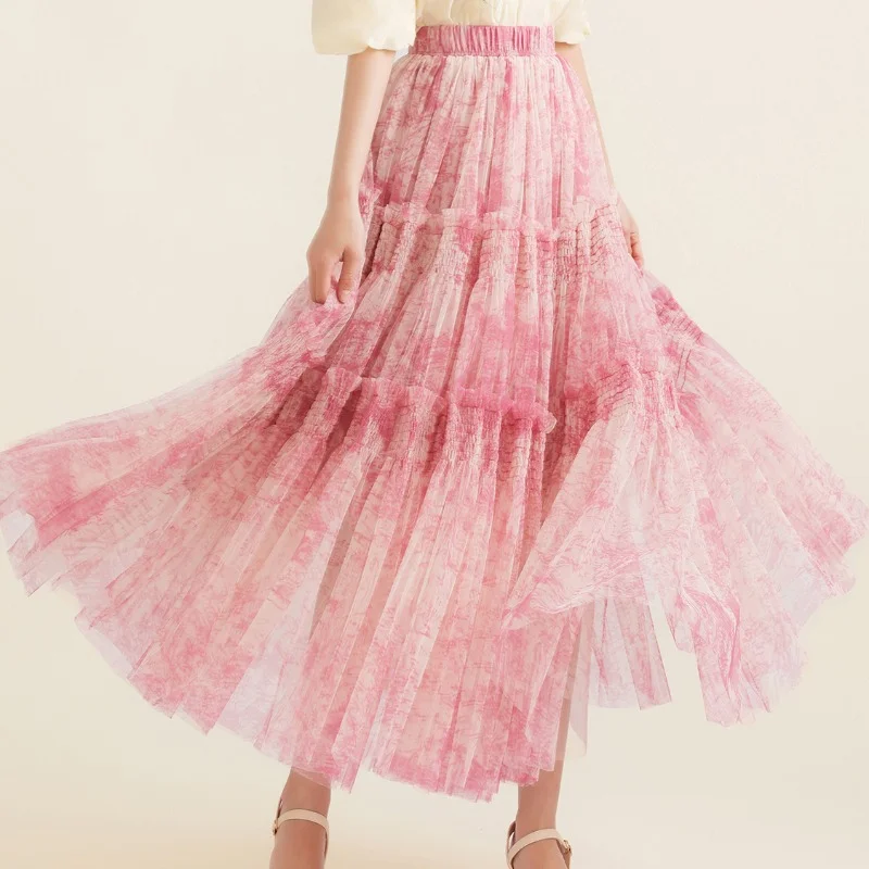 

Fairy Ink Printing Tulle Skirt Female 2023 New Retro Elastic Waist Stitching Fluffy Gown Pleated Maxi Long Skirts for Women