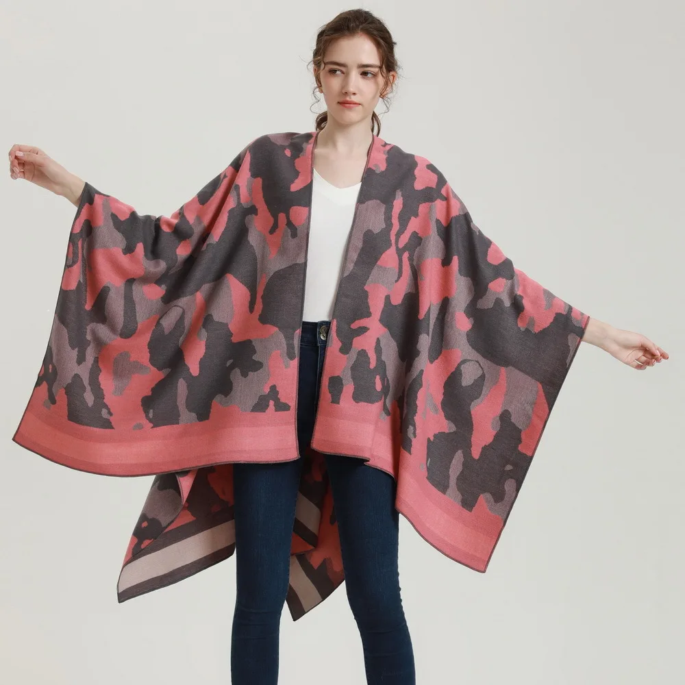 

130*150Cm Camo Print Slit Shawl Women Luxury Cashmere Striped Border Cape Cloak Winter Loose Warm Cardigan with Large Hem