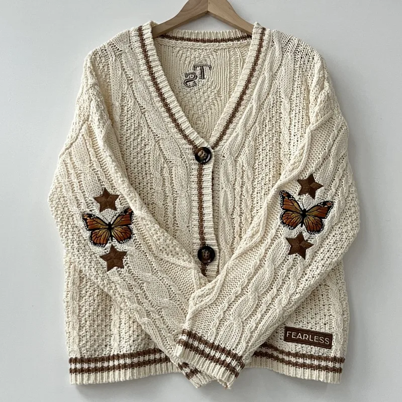 Осенние листья вязаный кардиган женский красный кленовый лист вышитый