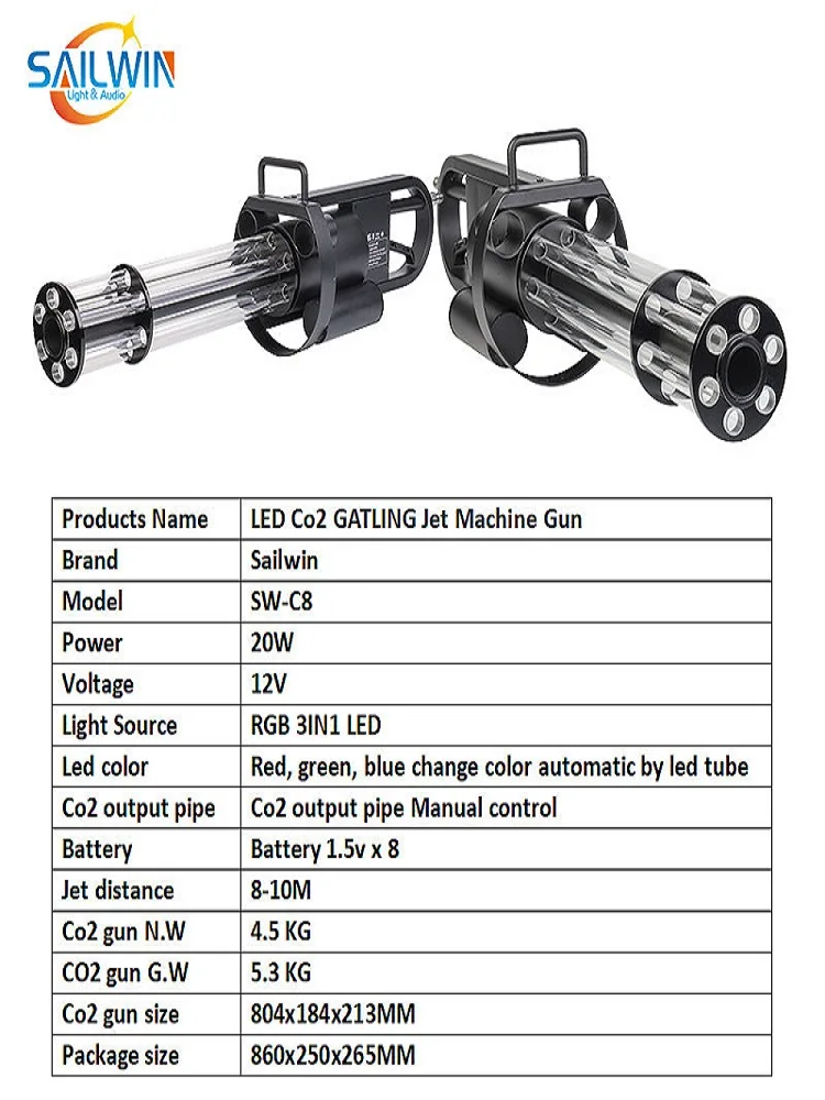 Sailwin Co2 Jet Machine Ручные реактивные пистолеты LED GATLING Gun Дымовая туманная машина для
