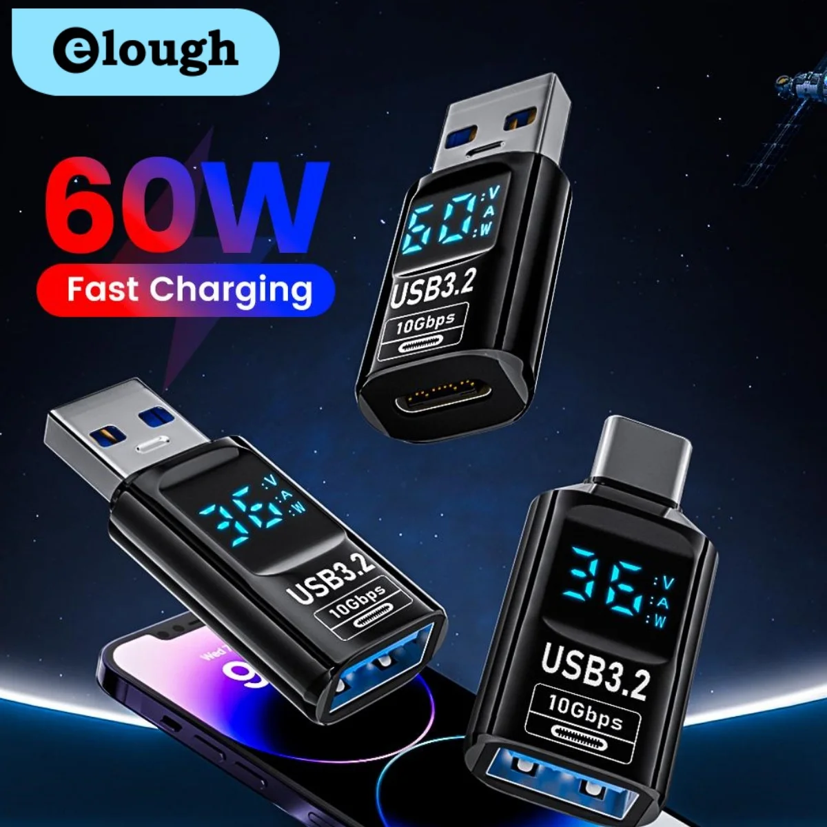 Адаптер Elough с цифровым дисплеем и поддержкой быстрой зарядки USB 3 2 C 60 Вт 10 Гбит/с