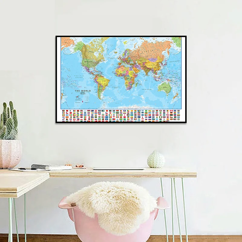 60*40cm The World Political Map with National Flags Canvas Painting Wall Art Poster School Supplies Living Room Home Decor