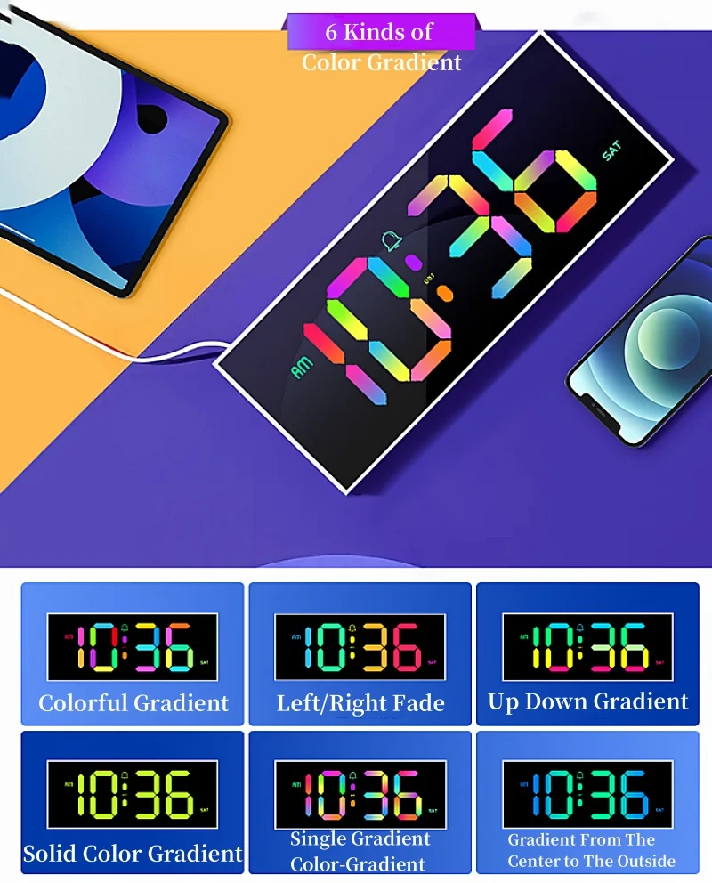 Настенные цифровые часы с дистанционным управлением RGB