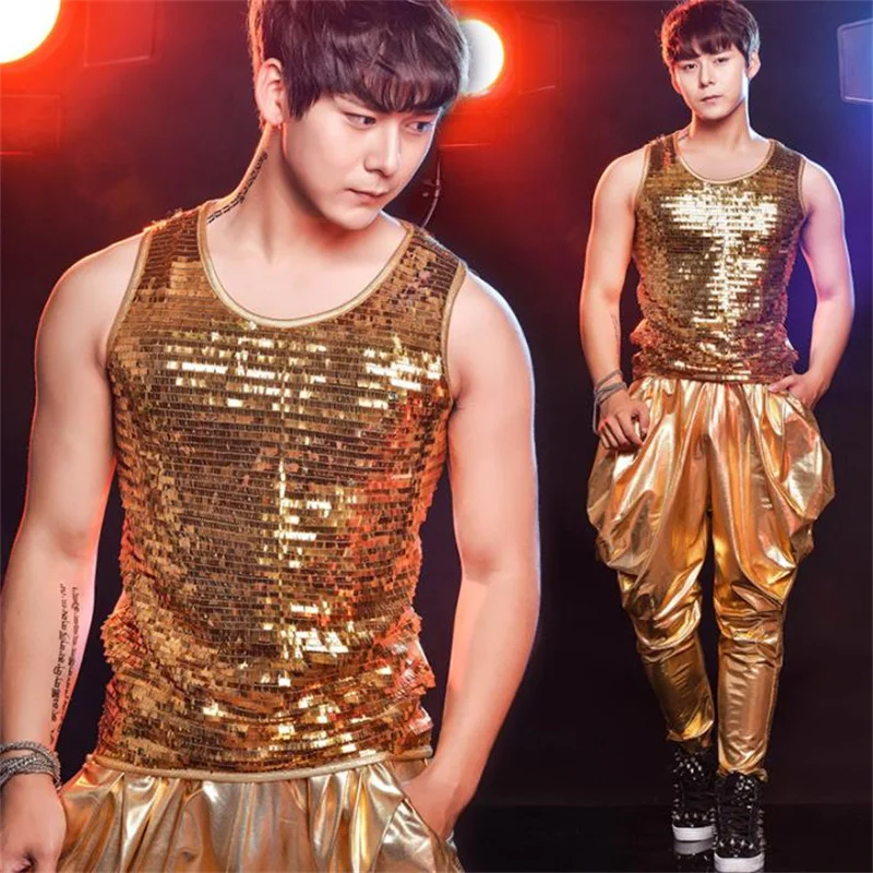 Original men gold vest personalized singer dance stage street star style sleeveless Sequin clothing punk rock dress summer