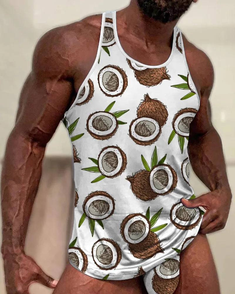 

Men Top Two-Piece Pants Men Lace Pajamas Top Pants Suit Clothes Set Coconut Printed Sleeveless Tank Top Underwear