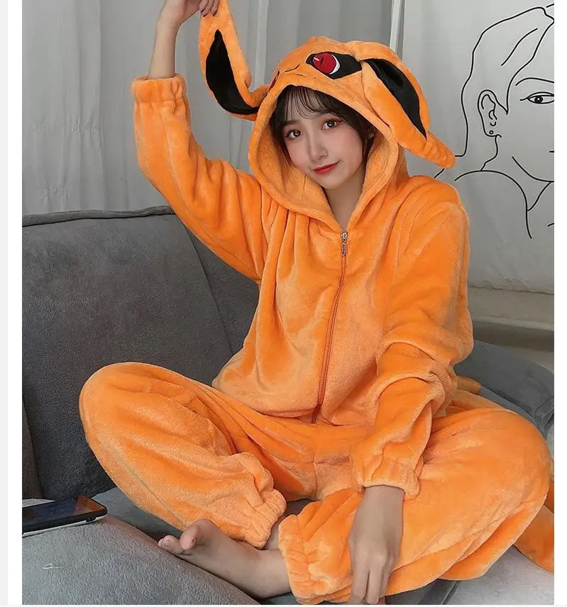 Couples Flannel Pajama Party Ninetales Adult Onesie Pajamas Women Men Jumpsuit Kigurumis Anime Nine-Tailed Fox Animal Pajamas