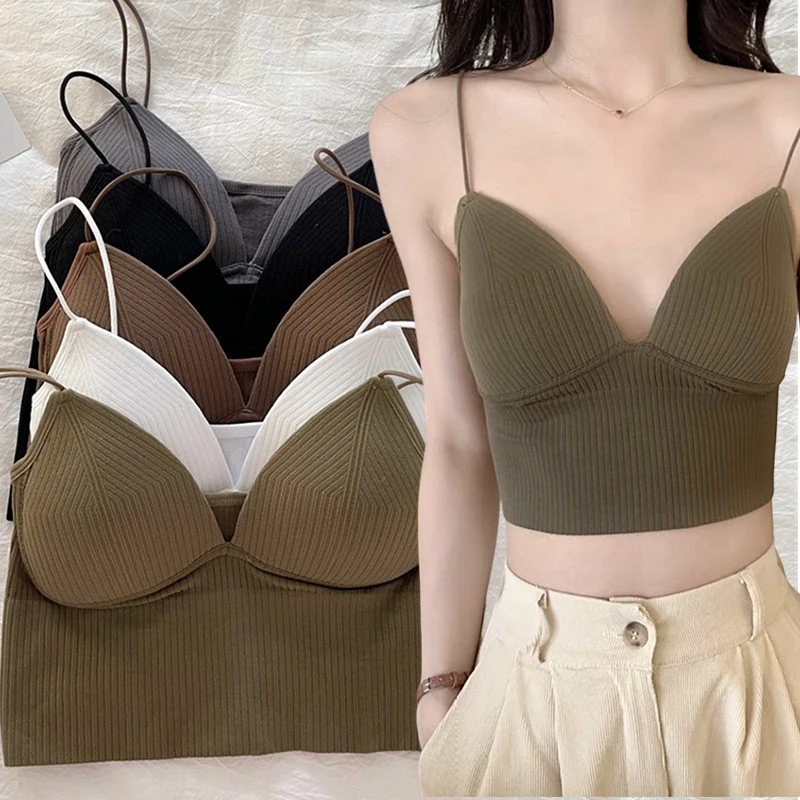 

Knitted Binder Chest Woman Tank Tops Spaghetti Strap Corset Crop Camis With Built in Bras Korean Fashion Woman Vest Camisole