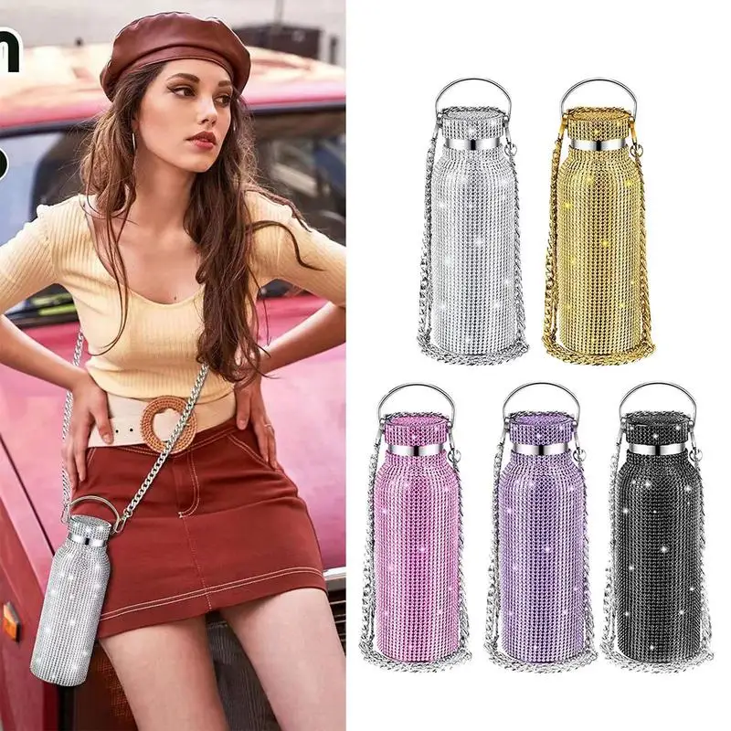 

Rhinestone Water Bottle Stainless Steel Thermal Bottle 350ml Insulated Glitter Water Bottle with Chain for Women Girl Gifts