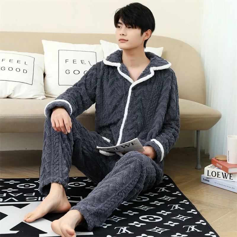 Winter Pajamas Set Casual Full Sleeve Sleepwear For Man Warm Soft Pyjama Men's Thick Flannel Simple Fashion Homewear Plus Size