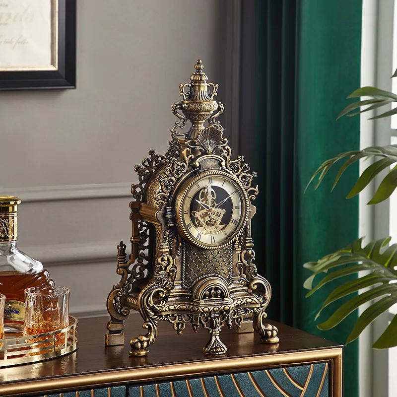 

Large Creative Retro Mechanical Clock Semi Mechanical Perspective Movement Seat Clocks Luxury Metal Home Tabletop Decoration