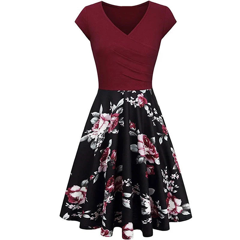 

Летнее женское платье в горошек с цветочным принтом, летние женские элегантные платья с высокой талией, повседневное ТРАПЕЦИЕВИДНОЕ ПЛАТЬЕ С V-образным вырезом и коротким рукавом