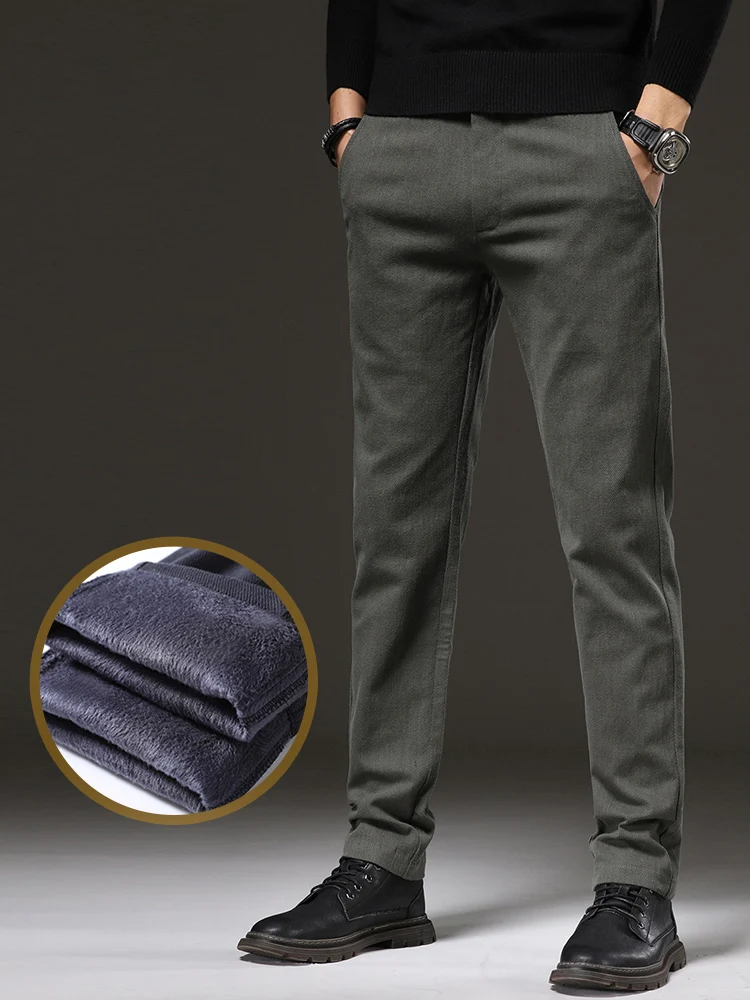 Mingyu Brand Winter Men's Warm Fleece Casual Pants Elastic Waist Classic Fashion Black Grey Slim Thick Army Green Cargo Trousers