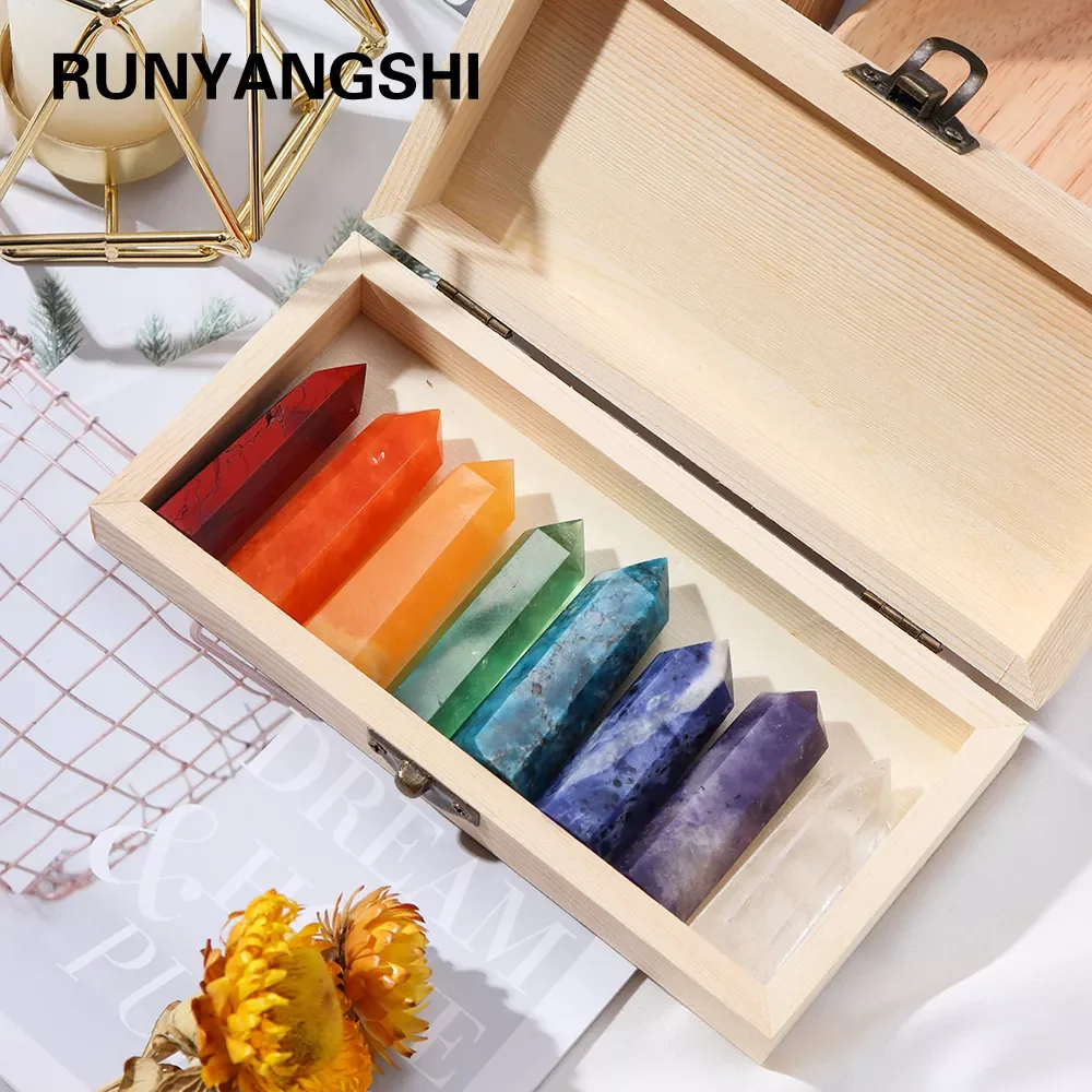

Natural crystal Colorful crystal wand gem Chakra Therapy Stone Reiky Crystal column Wooden gift box gifts