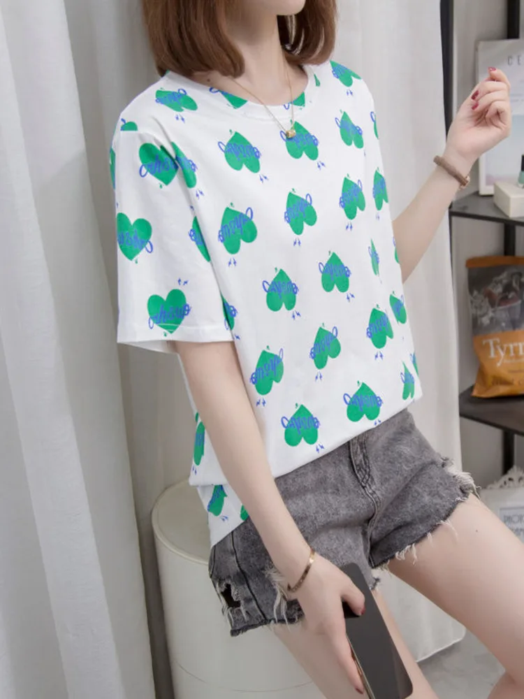 

Oversize Cotton White T-shirts Female Summer Short Sleeve Heart Pattern Loose Basic Tshirt Letter Print Large Tees Tops L-4XL