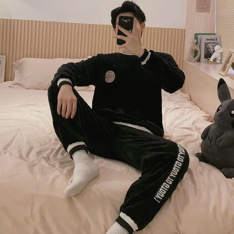 Men's Winter Warm Flannel Pajamas Set 2022 New Fashion Sleepwear Trousers Two-piece French Loose Nightwear Night Clothes Suit