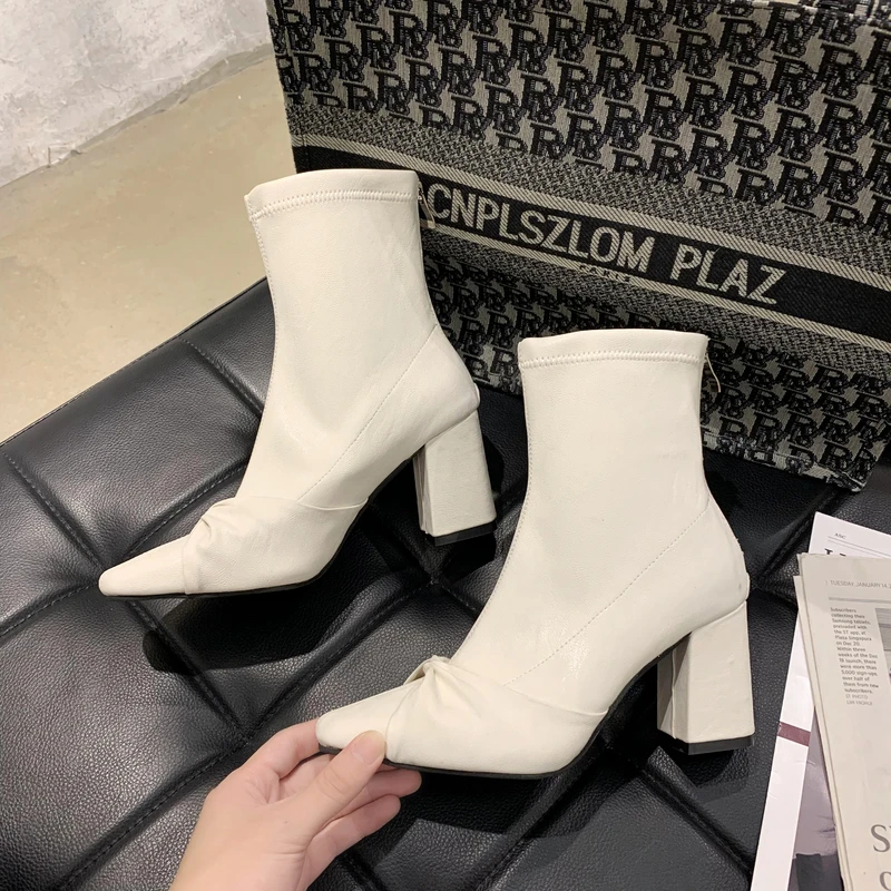 2022 Autumn Winter New Women Ankle Boots Ladies Fashion Square Toe Back Zipper Shoes Female Office Thick Heels Botas Black Wihte