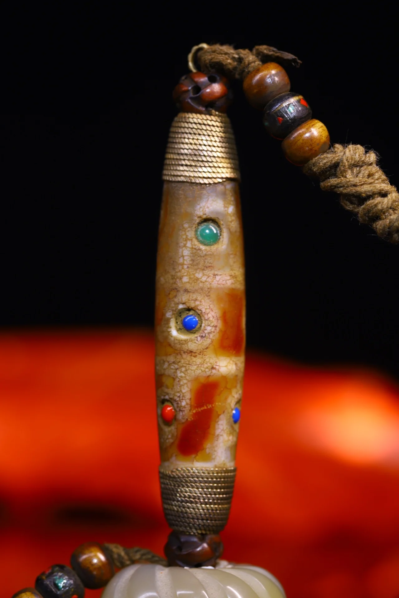 

4"Tibetan Temple Collection Old Natural Agate gem Dzi Beads nine eyeballs Amulet pendant magic weapon Town house Exorcism