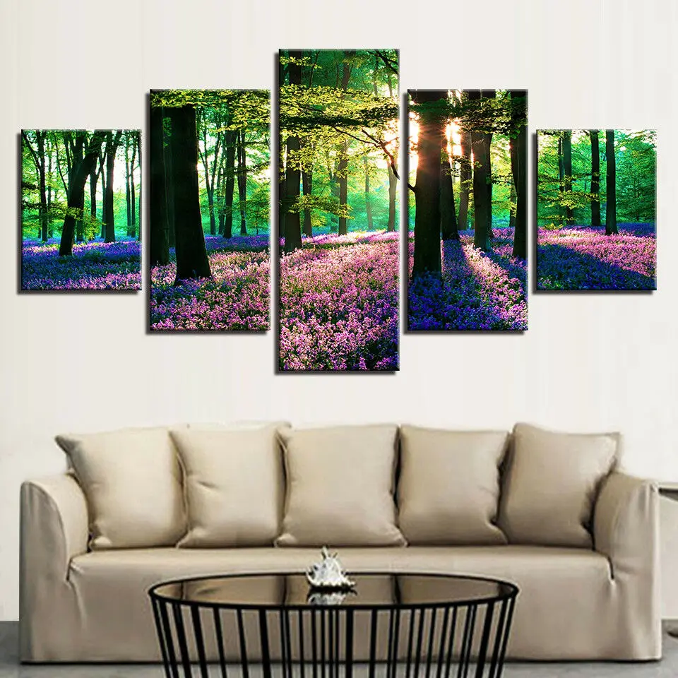 

Forest Trees Sunshine Rays Purple Lavender Meadow 5 Panel Canvas Print Wall Art HD Print Pictures Poster Home Decor No Framed