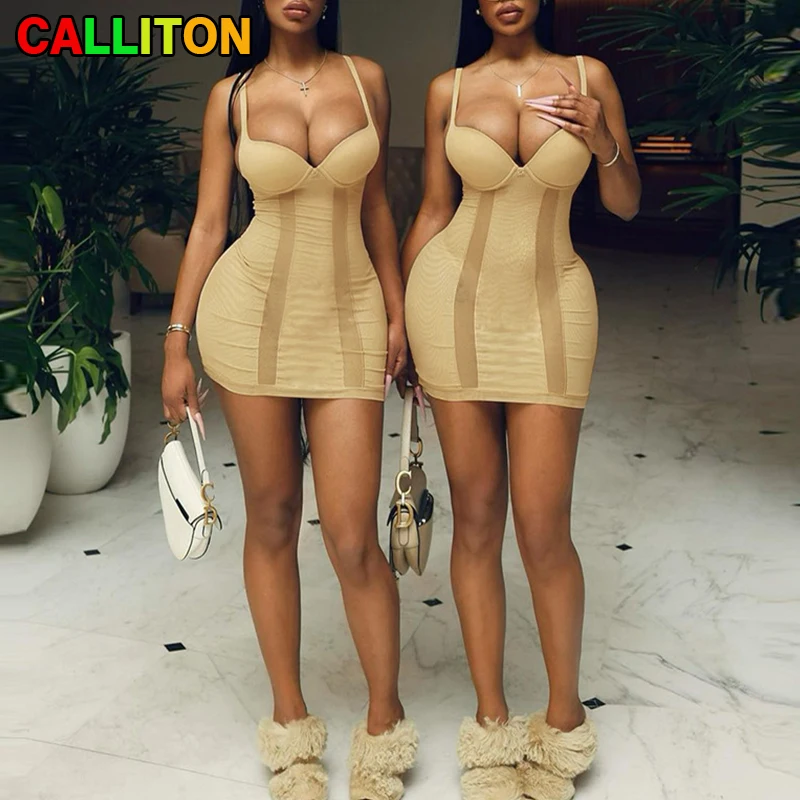

Calliton Women's Fashion Dresses Sexy Dress V Neck Beach Party Suspenders Splicing Backless Slim Polyester 2022 Summer Sundress
