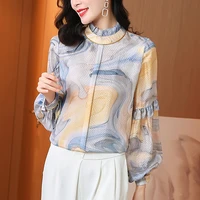 2022 Spring Autumn Women's Print Shirt Elegant Stand Collar Long Sleeve Woman Shirts Blouses 100% Real Silk Female Blouse Tops