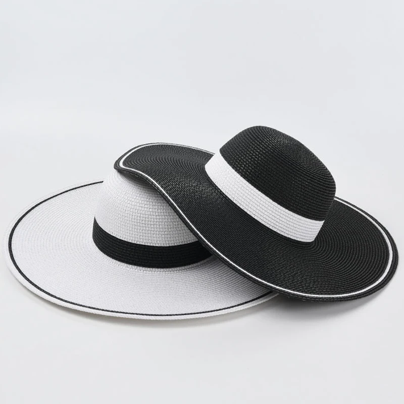 

New Sun Hats for Women Girls Wide Brim Floppy Straw Hat Hepburn Style Black White Stitching Summer Anti-UV Beach Cap Chapeau