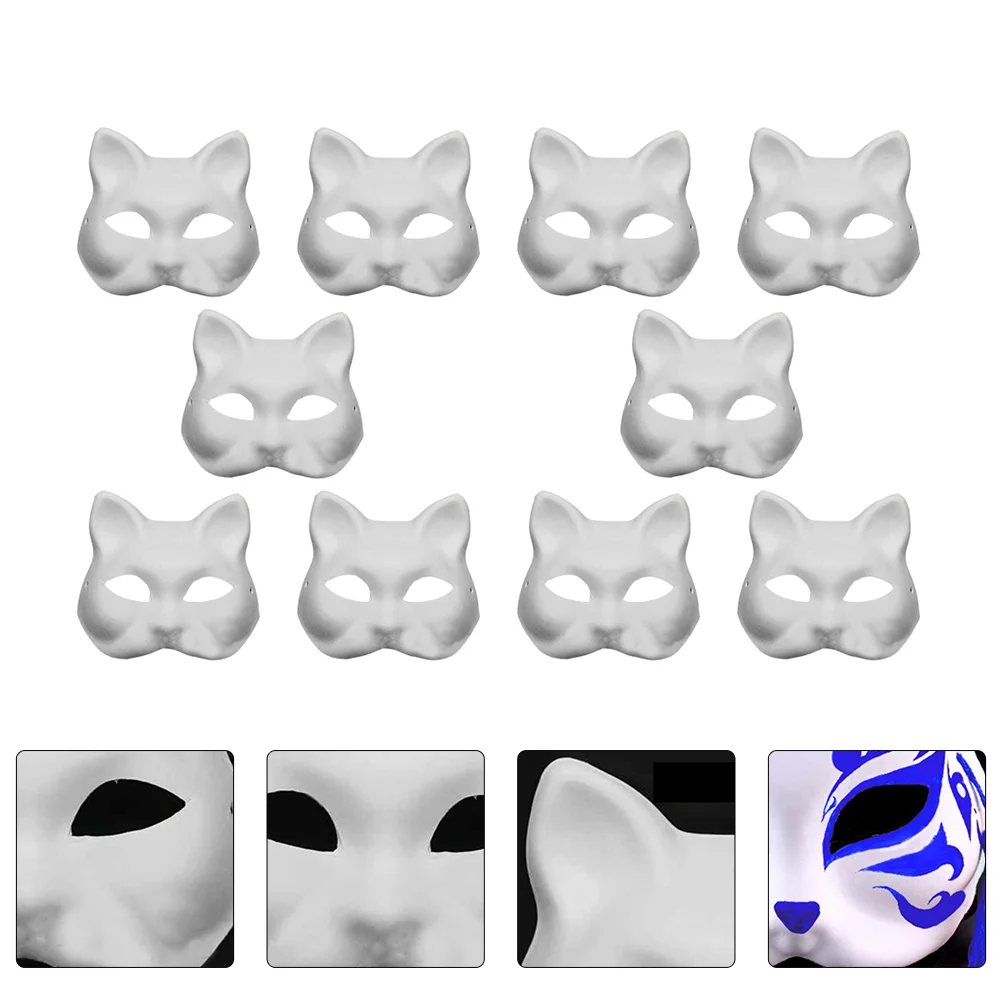 

10pcs White DIY Unpainted Cat Graffiti Masquerade for Kids Hand Painting Crafts Decorating Party Favors Therian