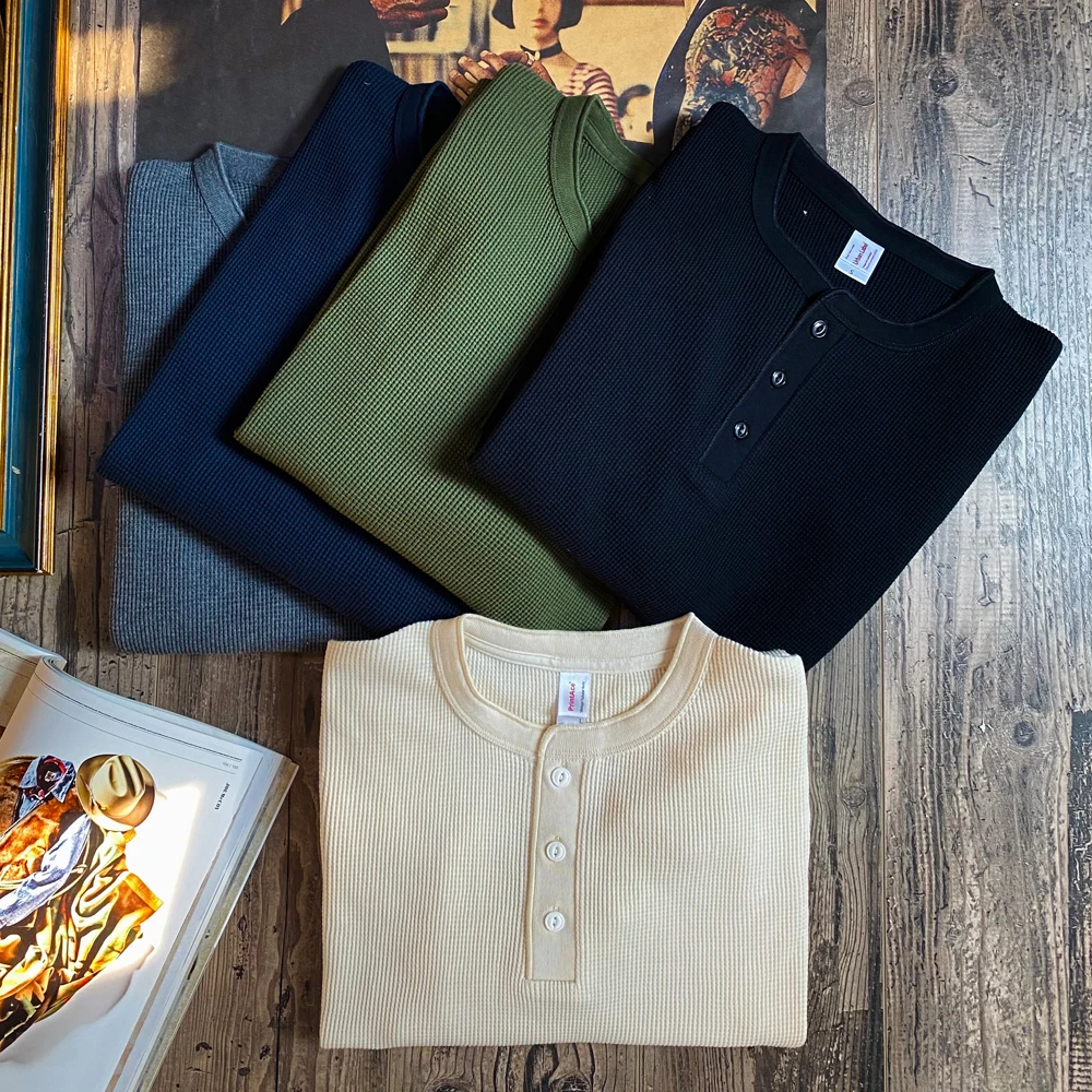 

Tailor Brando Heavyweight 315g Cotton American Vintage Waffle Pattern Henley Collar Long Sleeve T-shirt