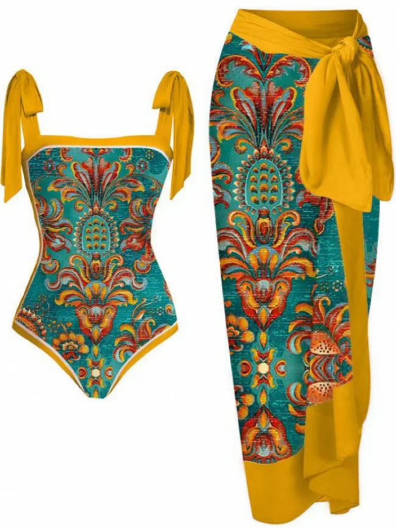 Bikini Bodysuit Swimwear Women With Skirt Bathing Suit Summer New Ruffle Splice Print Beachwear Holiday Bikini Cover Ups Outfits