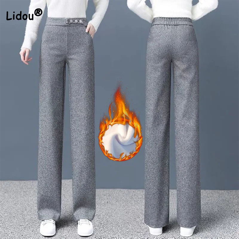 

Korean for Women Autumn Woolen Herringbone Pattern Trousers Winter Drape Plush and Thicken Button Pockets Casual Wide Leg Pants