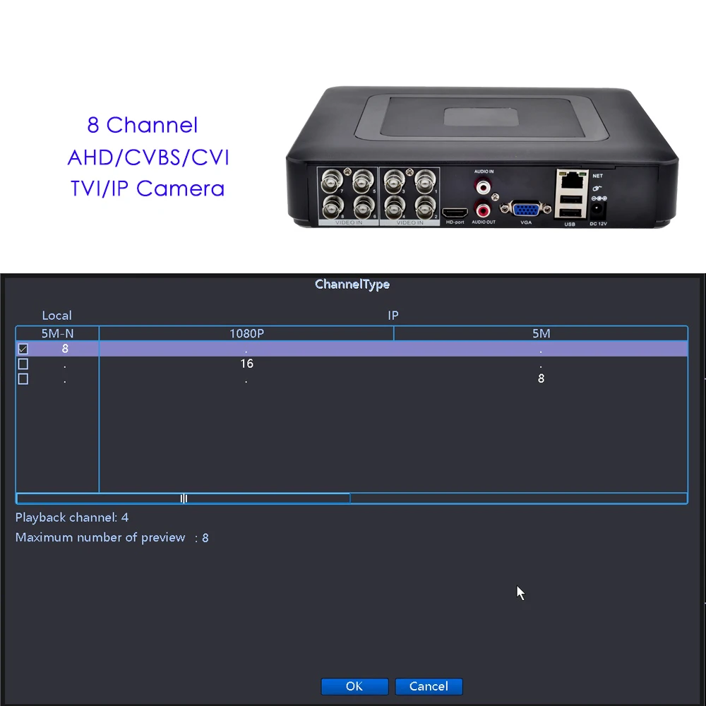 Gadinan 5MP DVR видеонаблюдения 4CH 8CH AHD/DVR/XVI 5in1 5M-N H.265+/H.264 Гибридный видеорегистратор для