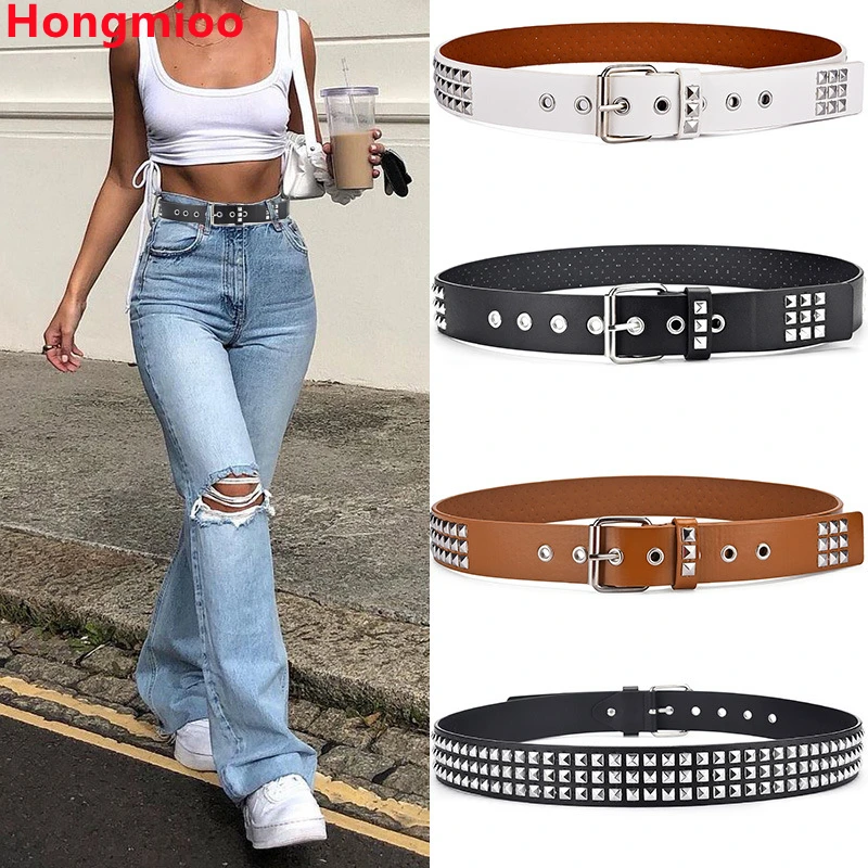 

High Quality Unisex Fashion Rivet Belt for Women Men Studded Cool Punk Rock With Pin Black Buckle for Jean