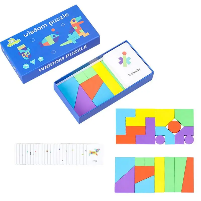 

Набор деревянных блоков с узорами и карточками, геометрическая форма, пазл для детского сада, обучающая игрушка Монтессори танграмма для детей