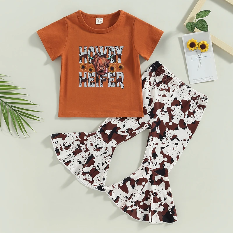 

Toddler Kids Girls Clothes Set Cow Head Letter Print Short Sleeve Crew Neck T-Shirts and Flare Pants 2Pcs Children Suit