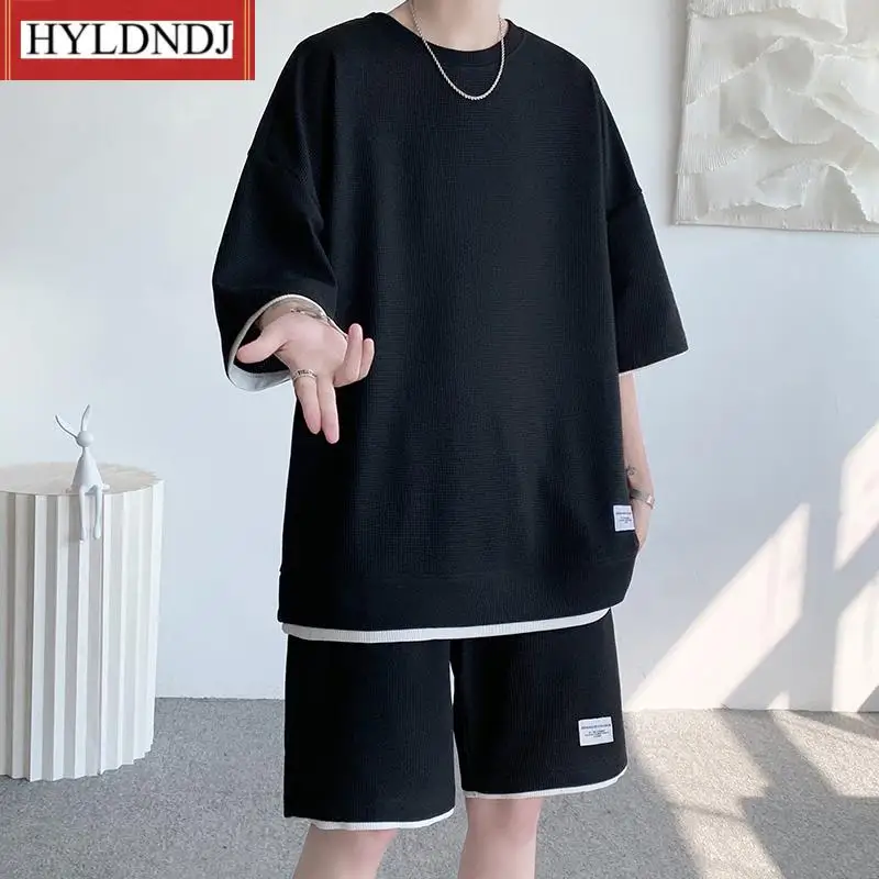 Men's Sets Simple Short Summer Waffle Casual Set Clothing Loose O-Neck T Shirts and Shorts Home Streetwear Colors Plus Size 4Xl