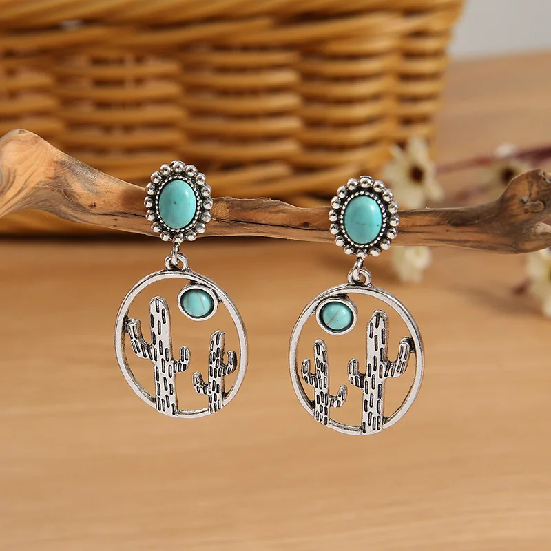 

2021 Wholesale New Retro Geometric Oval Hollow Turquoise Earrings Personality Cactus Earrings for Women Girl Gift