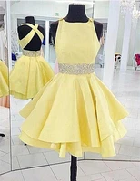 lovely light yellow satin homecoming graduation dresses with beaded sash cross back ruffle skirt mini short prom dress party
