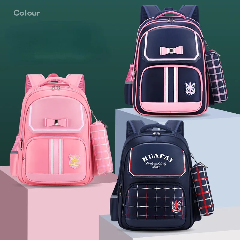 Girl Boy Students Cute British Style Bow Lattice Backpacks New Grade 1-6 Children Large Capacity Fashion Schoolbags with Pen Bag