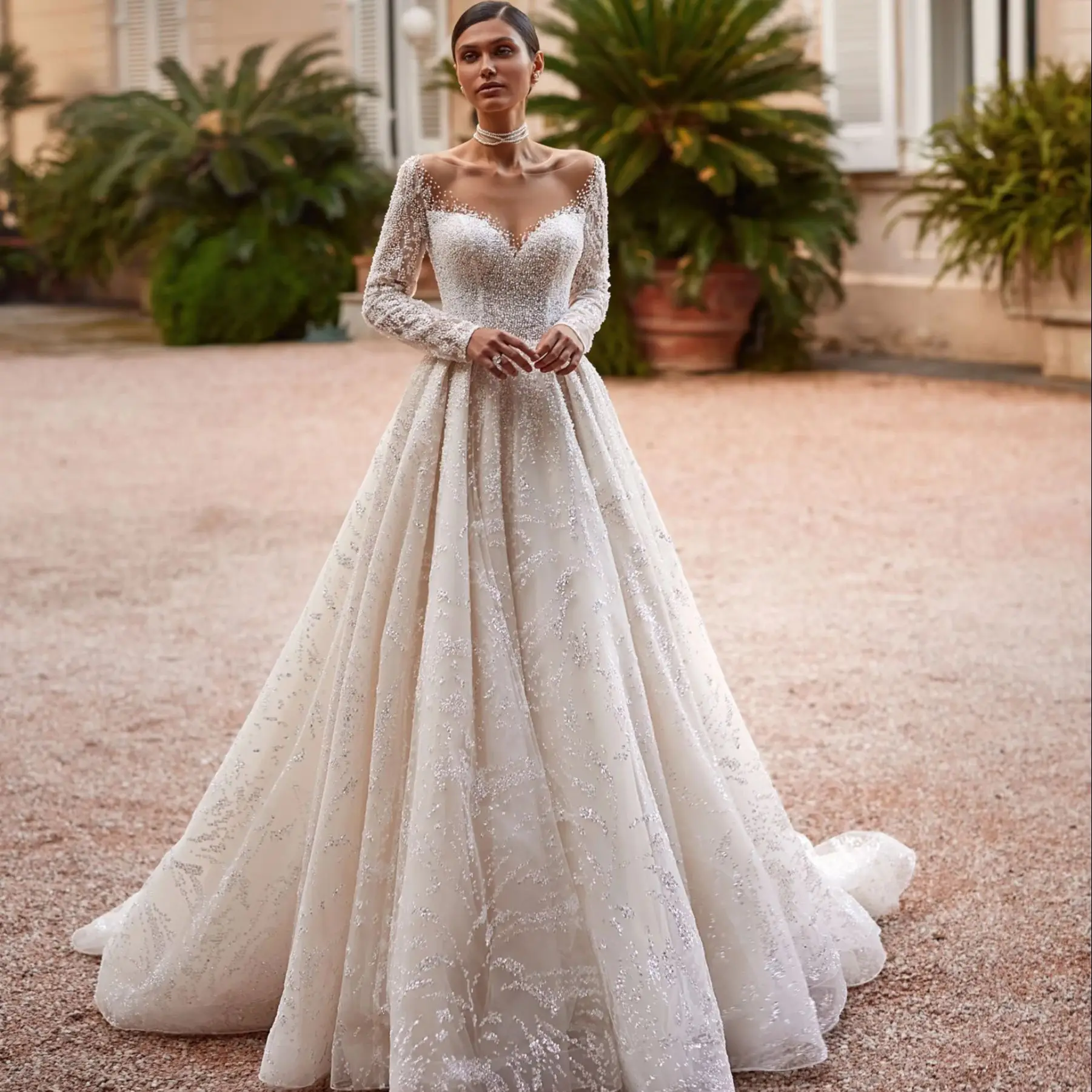 

Женское свадебное платье со шлейфом It's yiiya, белое ТРАПЕЦИЕВИДНОЕ ПЛАТЬЕ С V-образным вырезом, длинными рукавами, бусинами и открытой спиной на лето